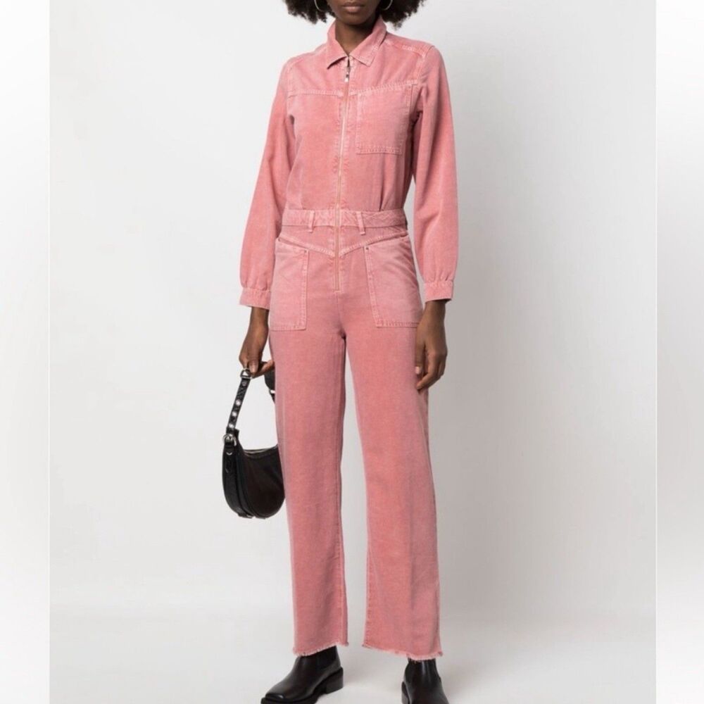 ba&sh Dova Denim Jumpsuit Washed Rose Pink Front Zipper Patch Pocket Women US 8 - Picture 4 of 16